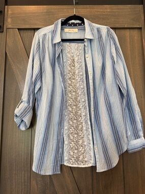 From Anthropologie Blue Striped Button-Up Shirt with Pleated Lace Back Panel